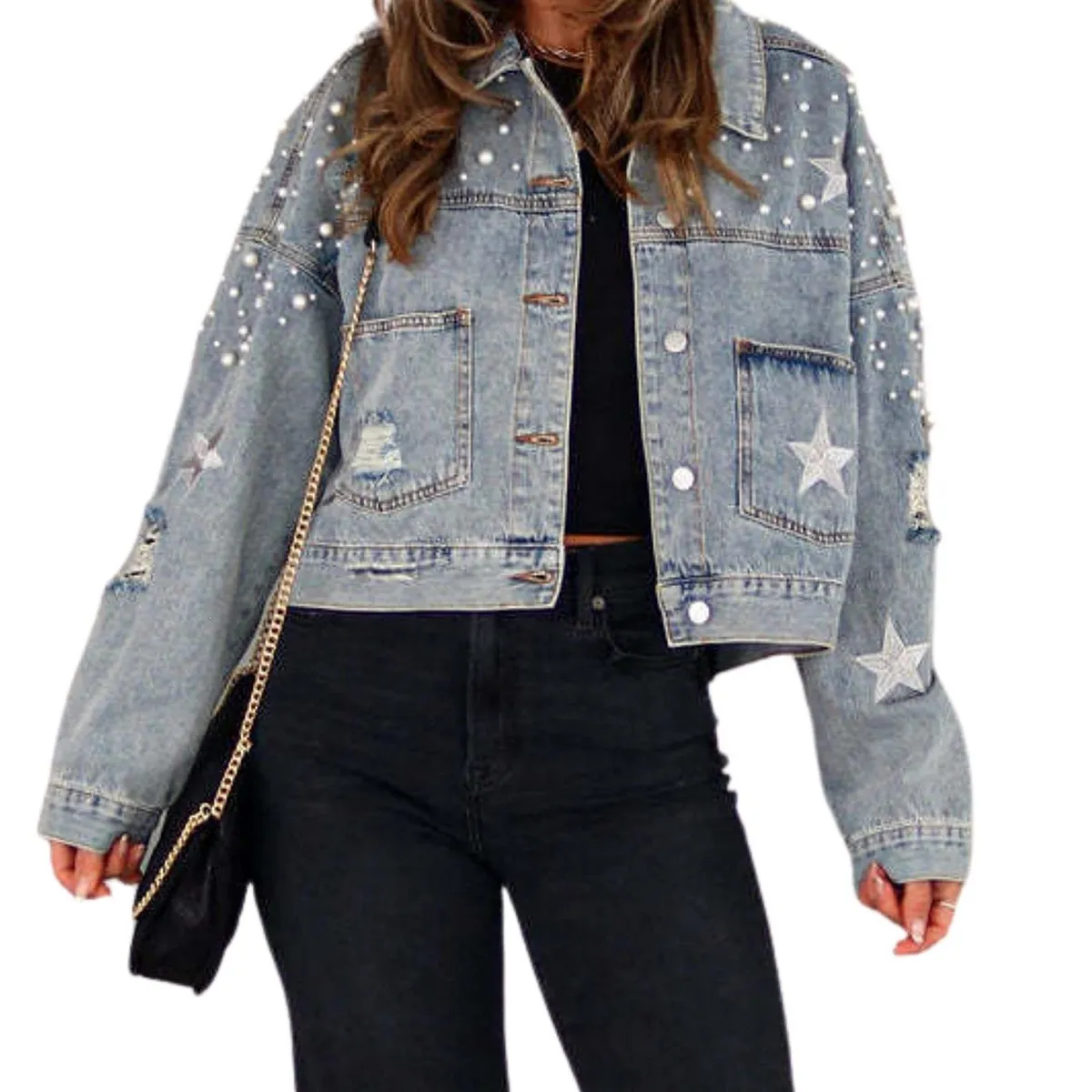TIOZONEY - Chaqueta vaquera para mujer-Azul