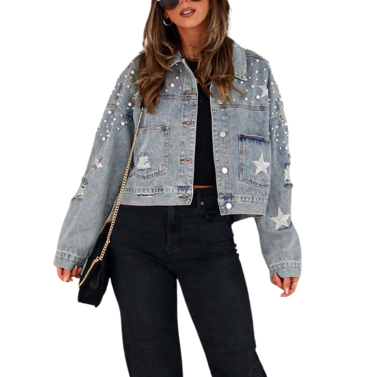 TIOZONEY - Chaqueta vaquera para mujer-Azul