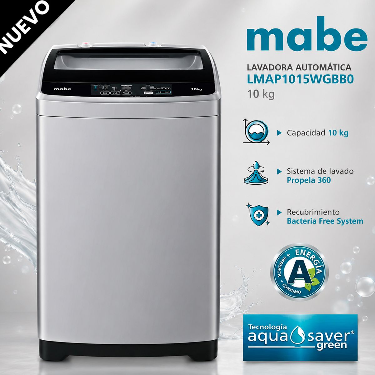 Mabe - LMAP1015WGBB0 - Lavadora Automatica Aqua Saver Green 10Kg Silver Mabe
