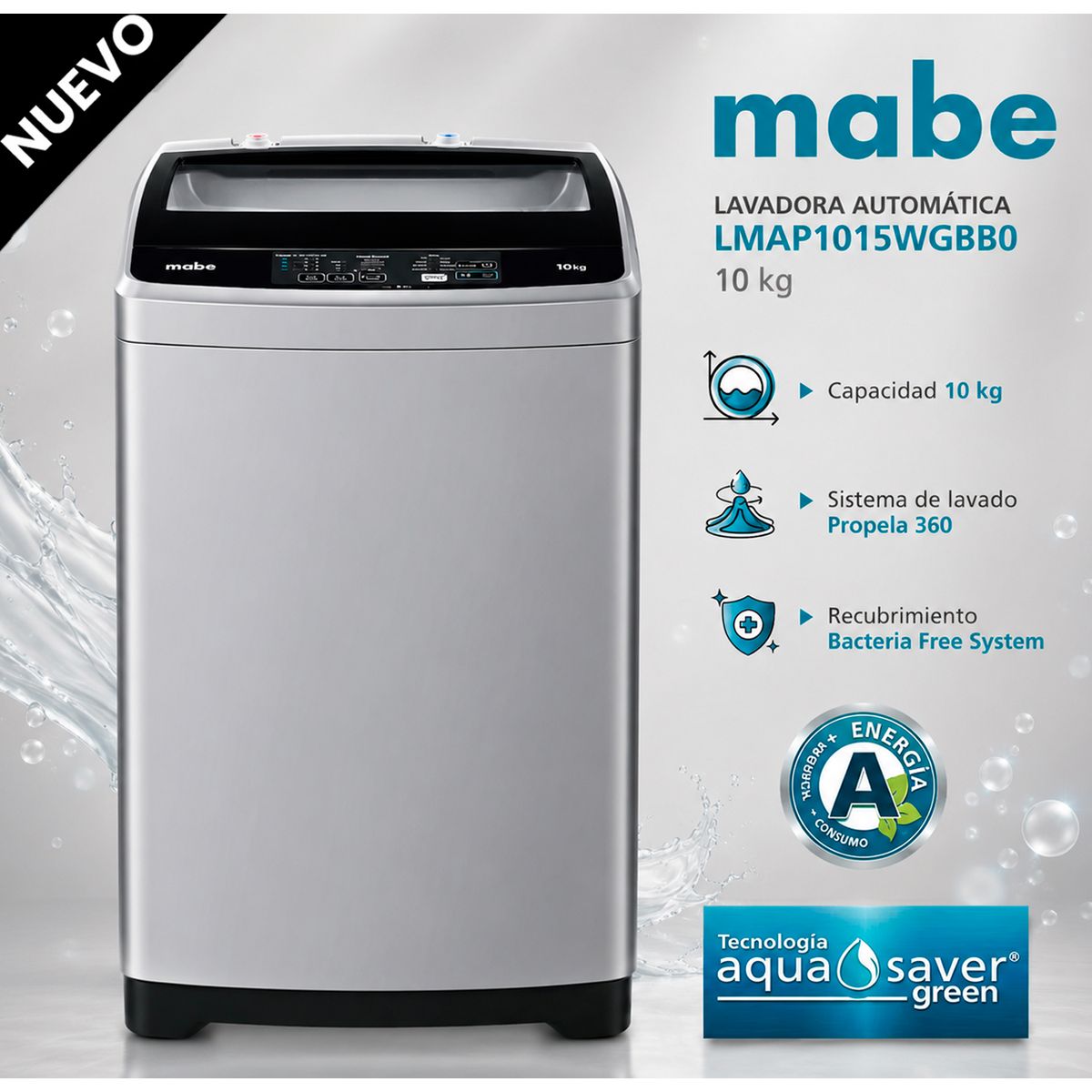 Mabe - LMAP1015WGBB0 - Lavadora Automatica Aqua Saver Green 10Kg Silver Mabe