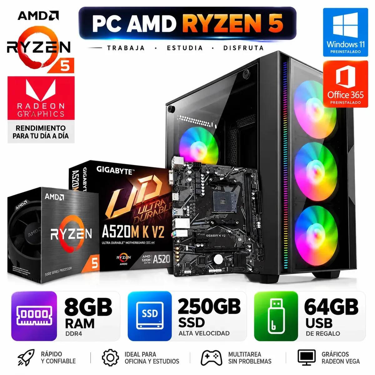 AMD - PC AMD Ryzen 5 3400G 8GB RAM SSD 256GB Radeon Vega 11 Windows 11
