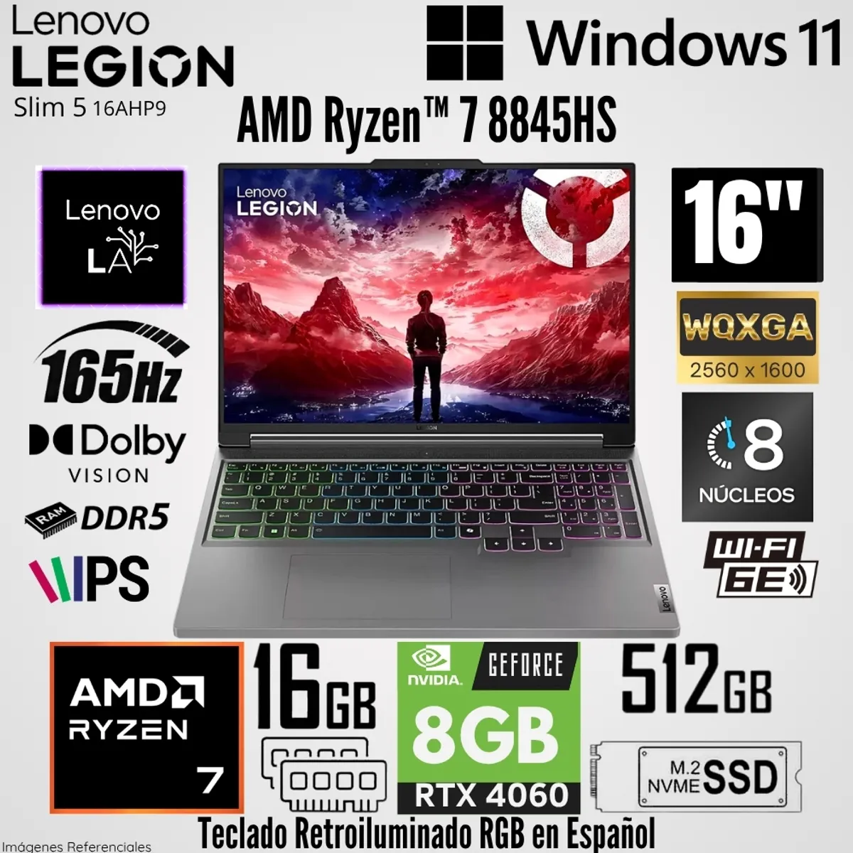 LENOVO - Laptop Lenovo Legion Slim 16AHP9 AMD Ryzen 7 8845HS 16GB RAM 512GB SSD RTX 4060-8GB 16"  WQXGA 165 Hz