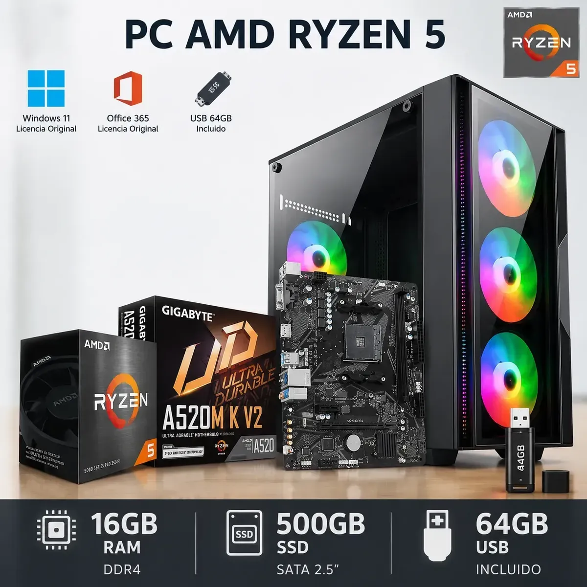 AMD - PC GAMER AMD RYZEN 5 16GB RAM 500GB SSD CON USB 64GB