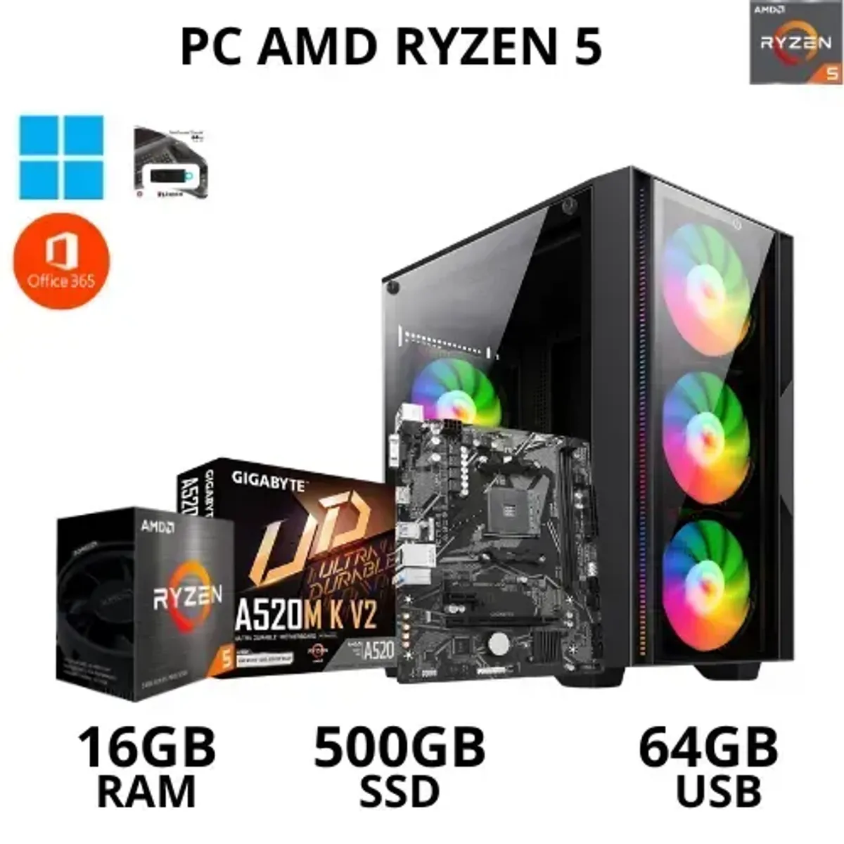 AMD - PC GAMER AMD RYZEN 5 16GB RAM 500GB SSD CON USB 64GB