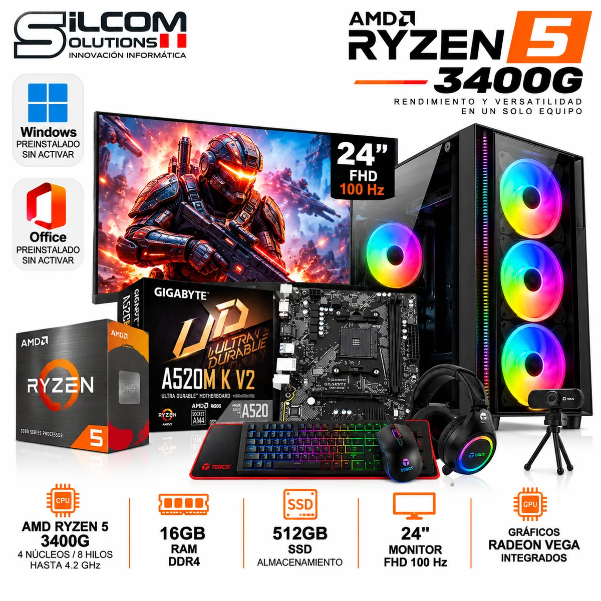 AMD - PC Gamer AMD Ryzen 5 3400G 16GB RAM 512GB SSD Monitor 24" FHD 100Hz Kit Gamer