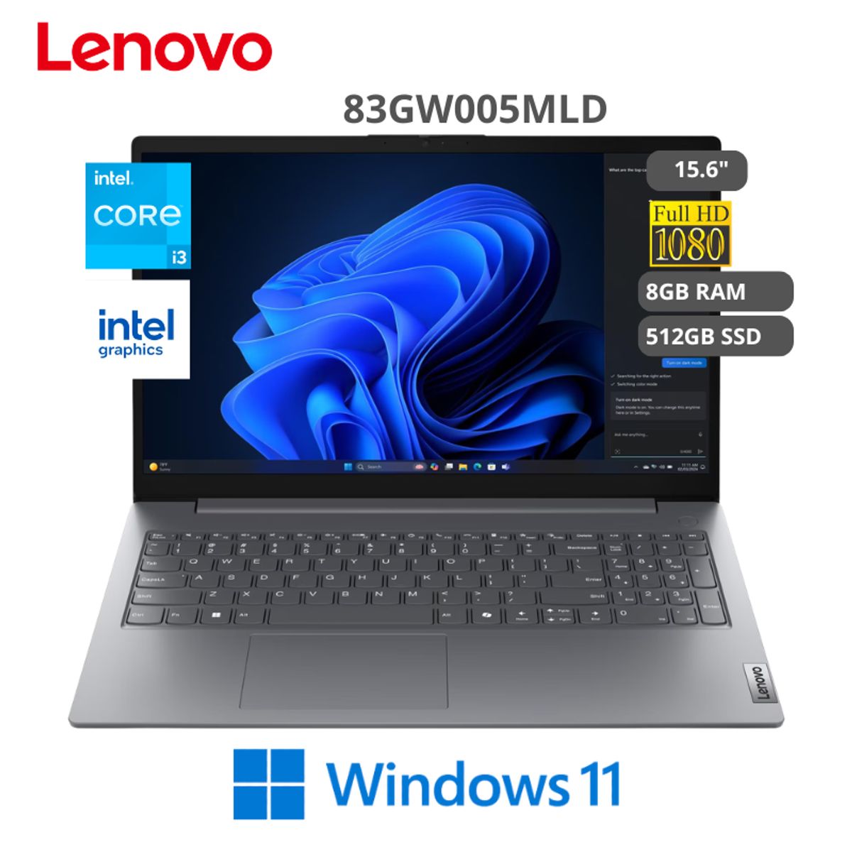 LENOVO - Laptop Lenovo V15 G5 IRL Intel Core i3-1315U 8GB RAM 512GB SSD 15.6″ Full HD W11 PRO Luna Grey
