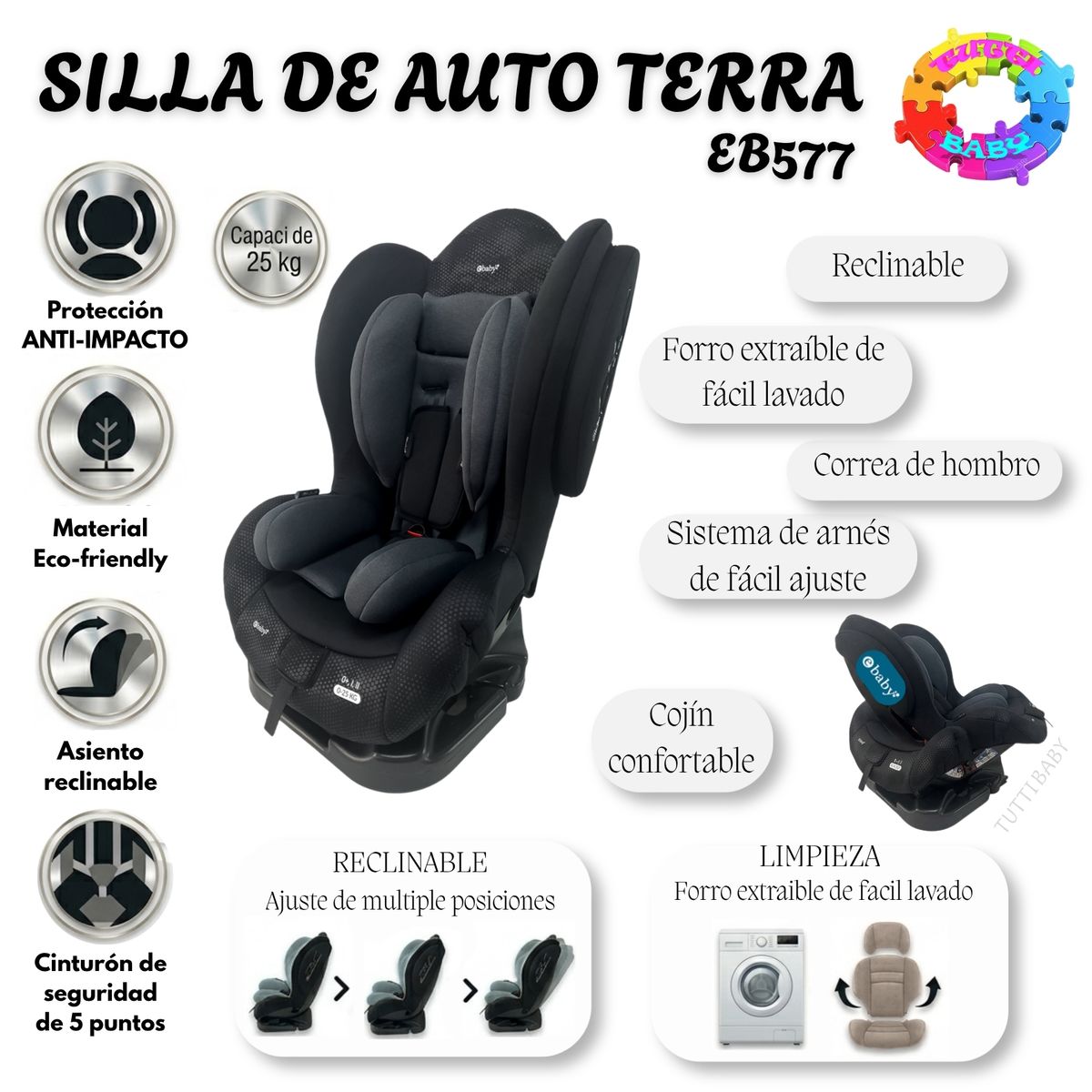 EBABY - SILLA DE AUTO  "TERRA"  PARA BEBE ACOLCHADO CON ASIENTO RECLINABLE  EBABY  - NEGROO