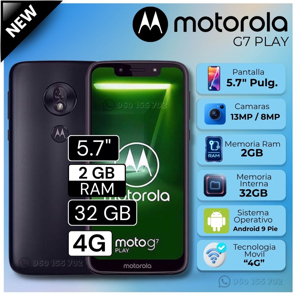 MOTOROLA - Celular Motorola G7 Play  5.7"  Pulg. 2GB RAM 32GB Android 9 Pie - Negro