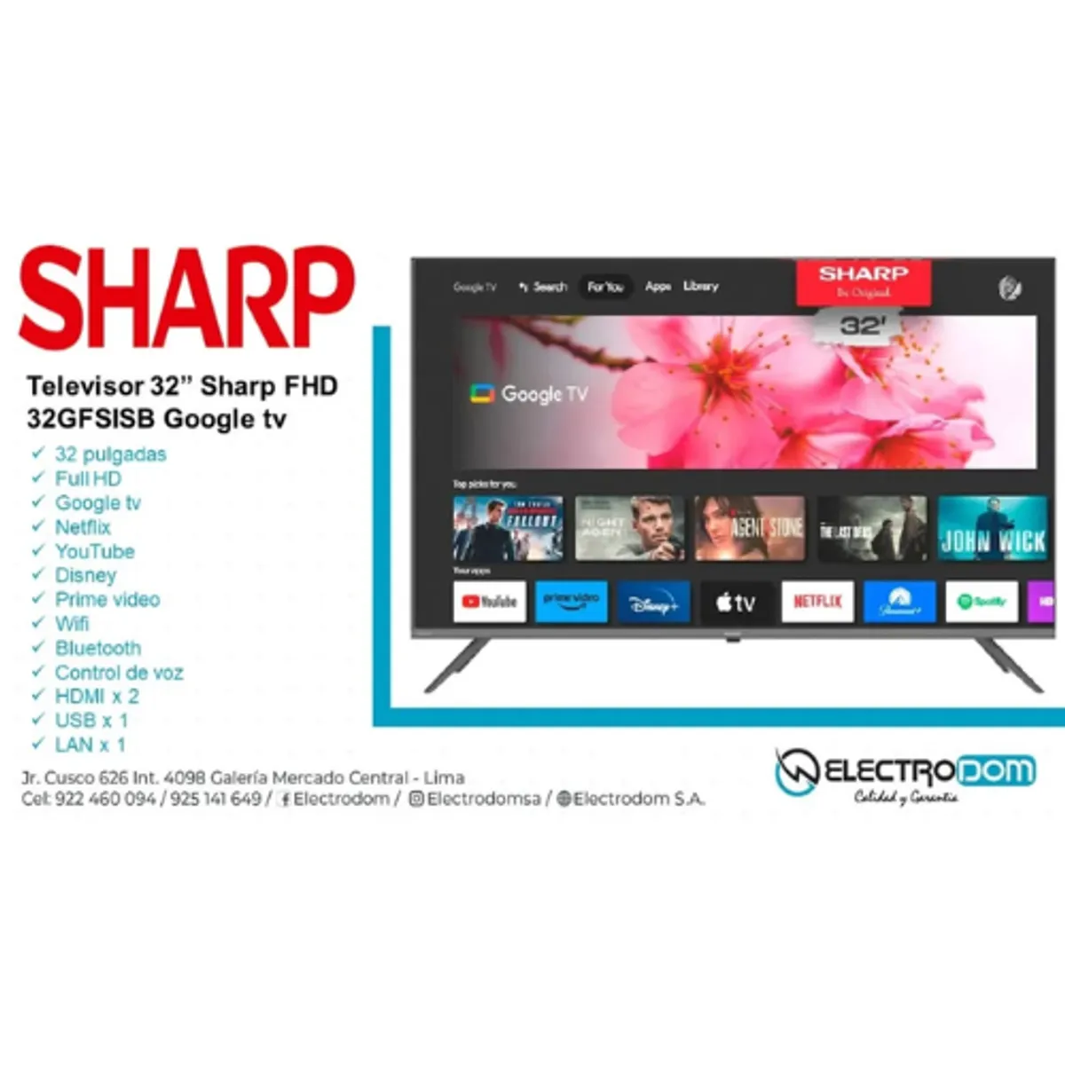 SHARP - Televisor 32 Pulgadas Sharp Smart TV Full HD 2T-C32GF2060L Google TV.