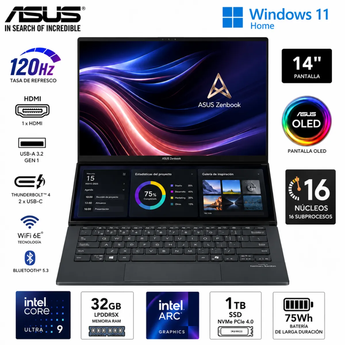 ASUS - Laptop Asus ZENBOOK Intel Core Ultra 9 (2en1) RAM 32GB SSD 1TB 14" 3K OLED Táctil Windows 11