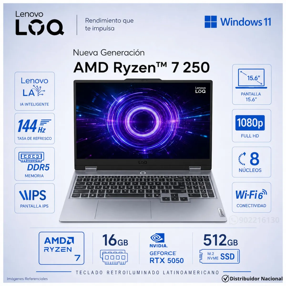 LENOVO - Laptop Gamer LENOVO LOQ 15AHP10 15.6" Full HD IPS AMD Ryzen™ 7 250 IA RTX™ 5050 16GB RAM 512GB SSD 83JG00B1LM