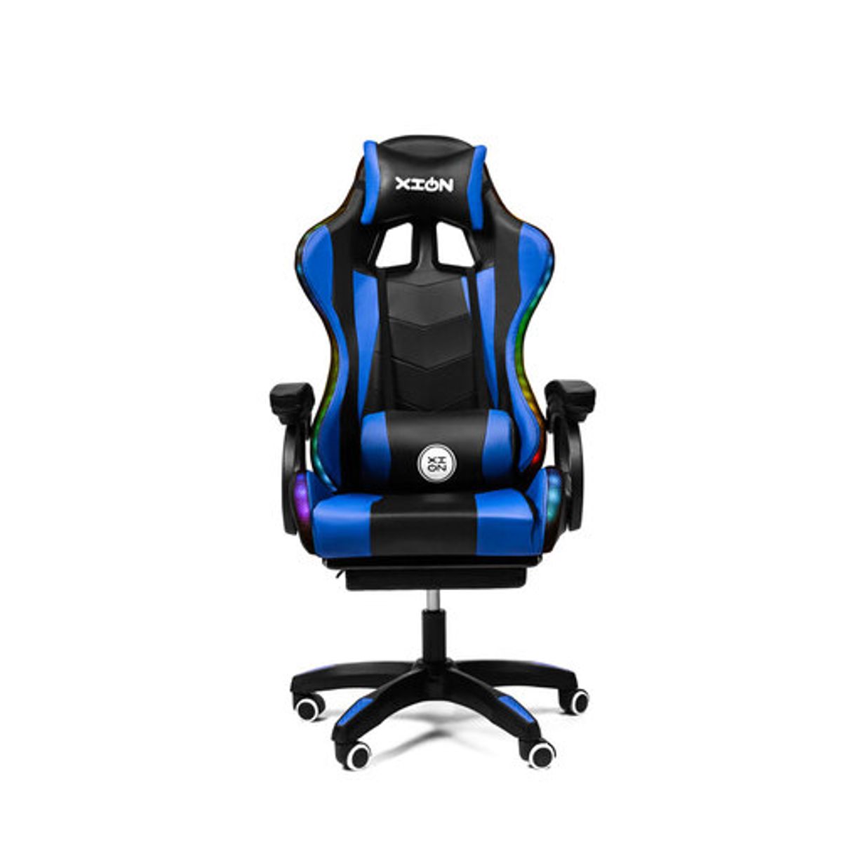 XION - Silla Gamer Xion Raven Luces RGB, Conjin de Masaje Lumbar, Reposapiés y Reclinación 135° - Azul