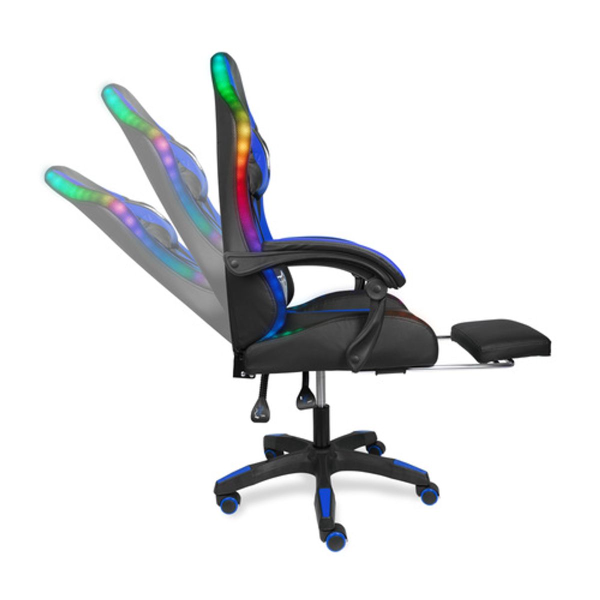 XION - Silla Gamer Xion Raven Luces RGB, Conjin de Masaje Lumbar, Reposapiés y Reclinación 135° - Azul