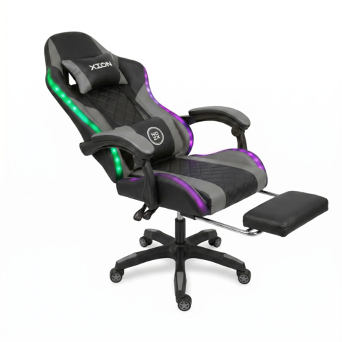 XION - Silla Gamer Xion Raven Luces RGB, Conjin de Masaje Lumbar, Reposapiés y Reclinación 135° - Gris