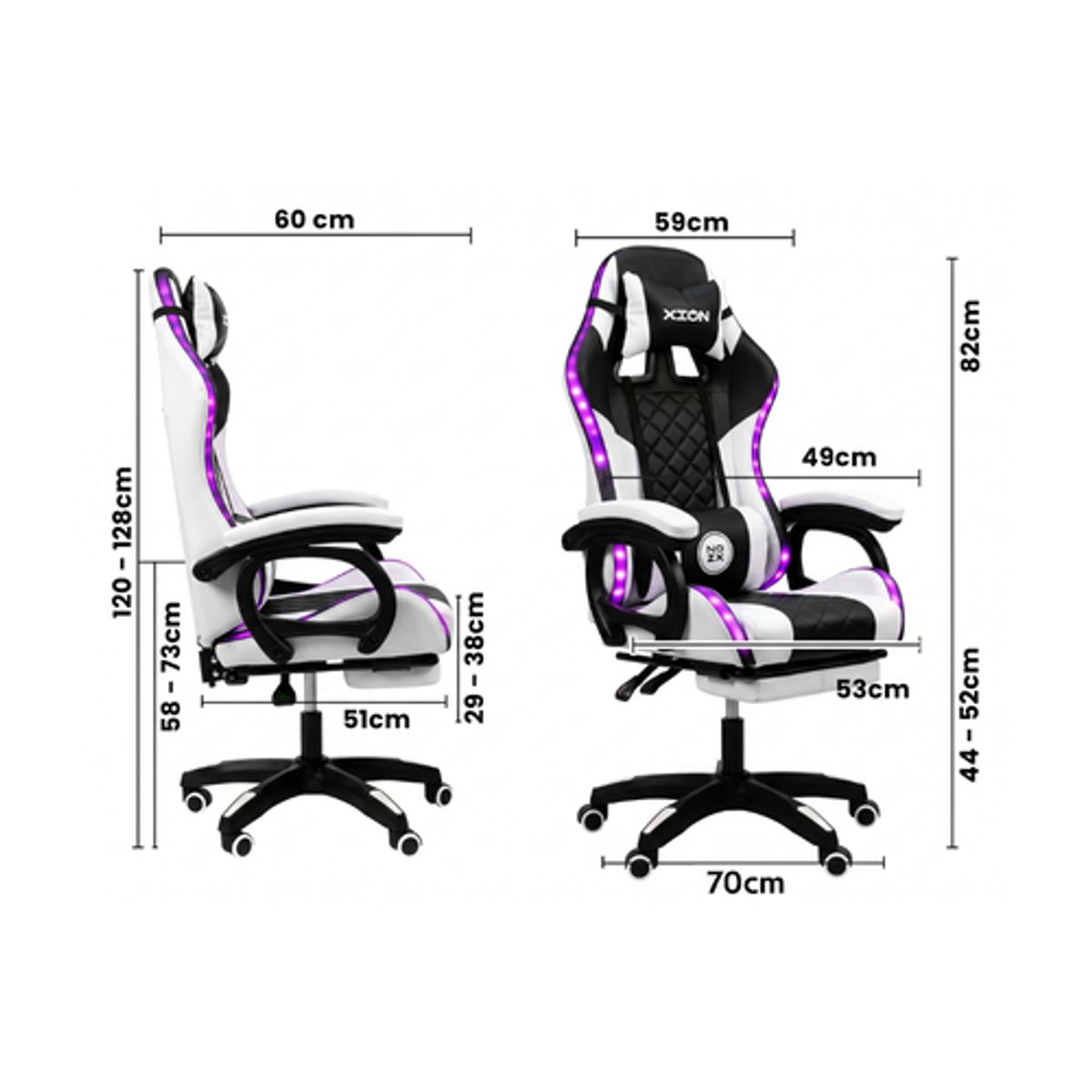 XION - Silla Gamer Xion Raven Luces RGB, Conjin de Masaje Lumbar, Reposapiés y Reclinación 135° - Gris