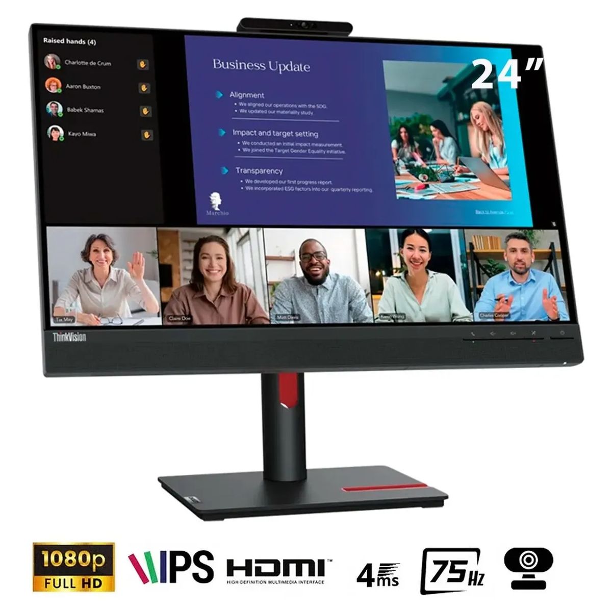 LENOVO - Monitor Lenovo ThinkVision T24v-30, 24 WLED IPS, 75Hz, 6ms, Pivote, Cámara Web, Parlante