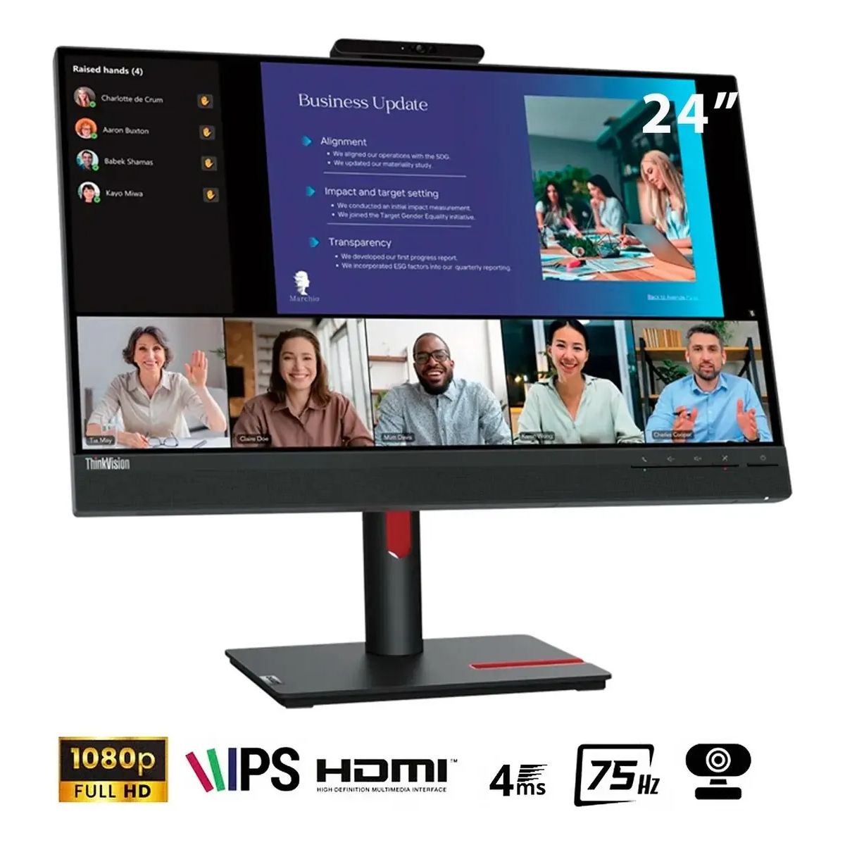 LENOVO - Monitor Lenovo ThinkVision T24v-30, 24 WLED IPS, 75Hz, 6ms, Pivote, Cámara Web, Parlante