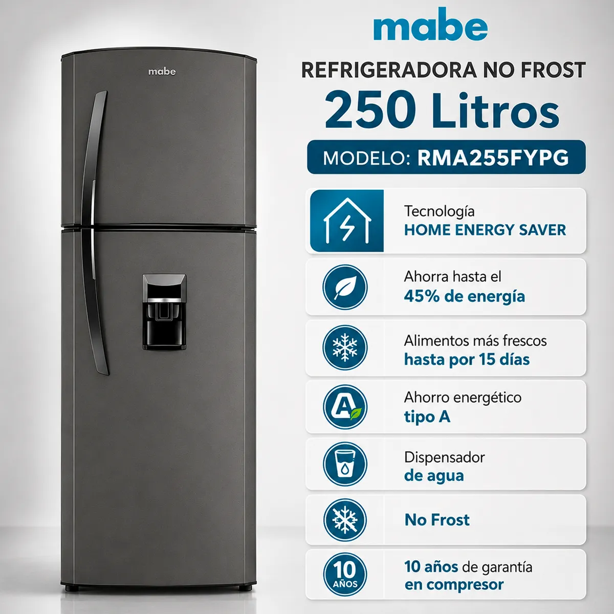 Mabe - Refrigeradora 250Lt CDispensador Grafito No Frost Mabe - RMA255FYPG