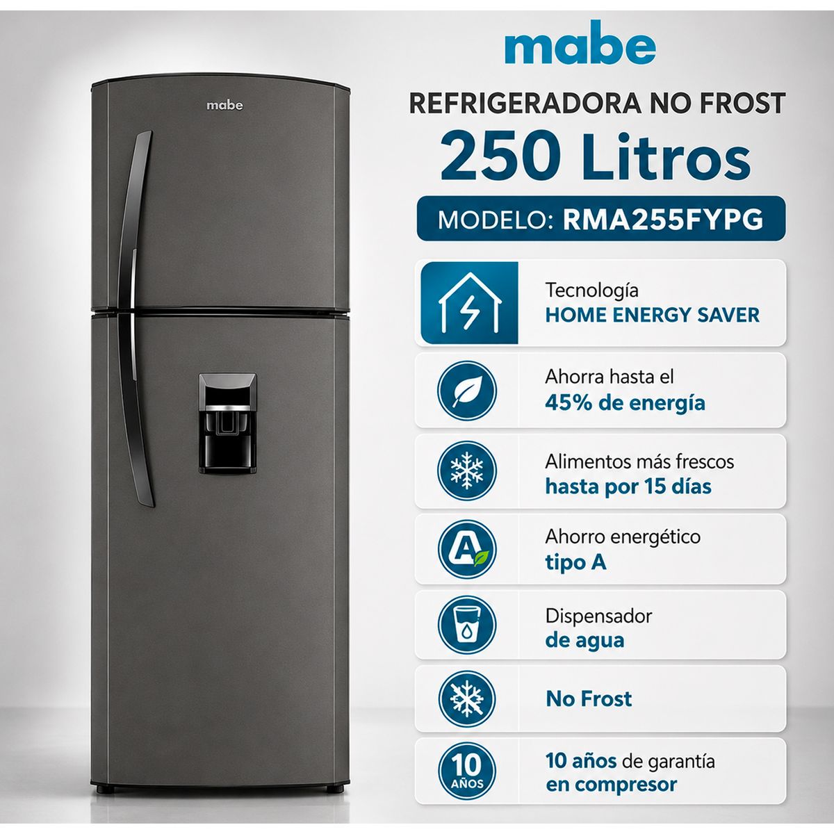 Mabe - Refrigeradora 250Lt CDispensador Grafito No Frost Mabe - RMA255FYPG