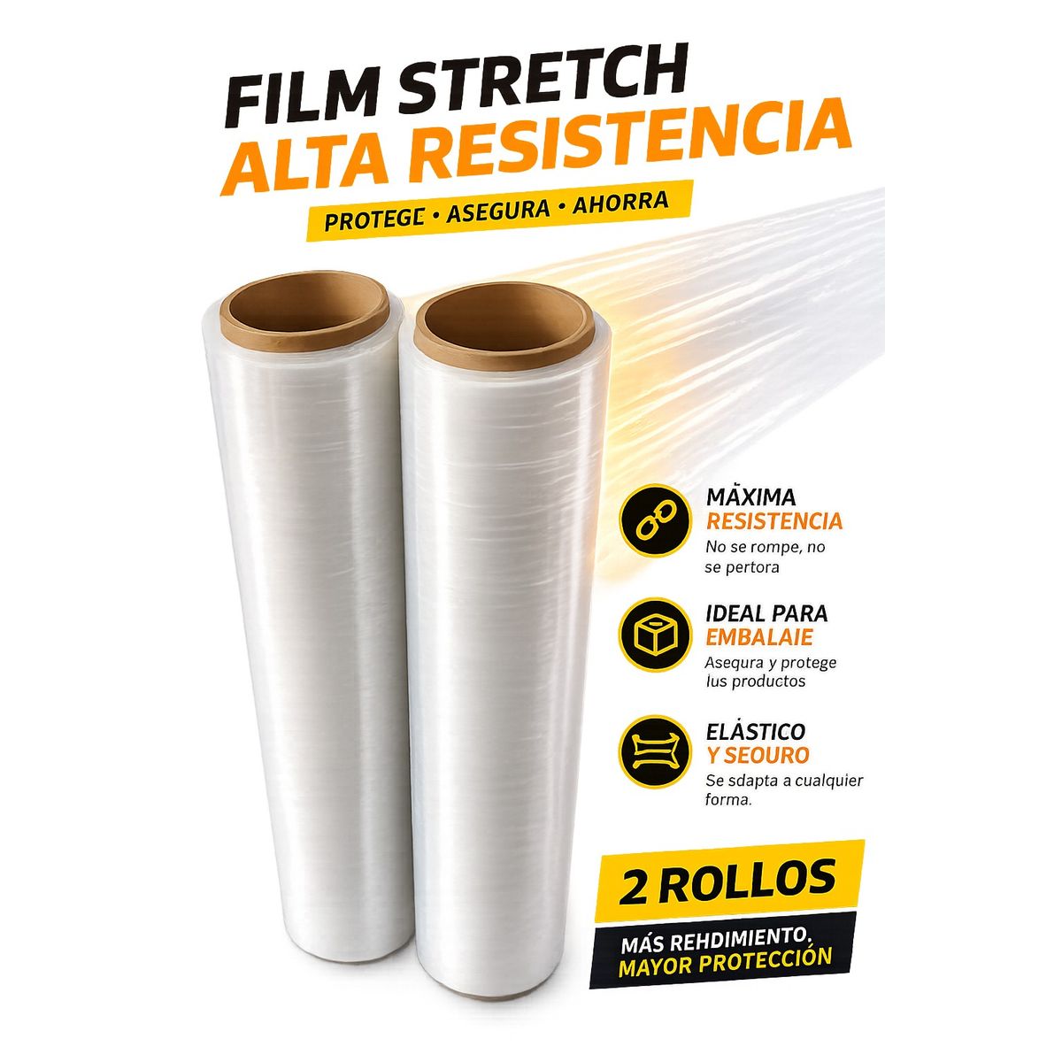 GENERICO - PACK 2 ROLLOS 20 X 20 DE 1 KG STRETCH FILM PARA EMBALAJE PLASTICO ESTIRABLE