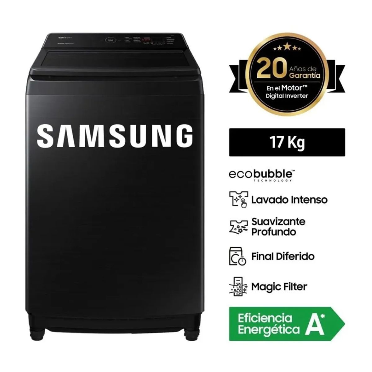 SAMSUNG - Lavadora Samsung 17 Kg EcoBubble Carga Superior WA40F17E7CPE Gris Grafito