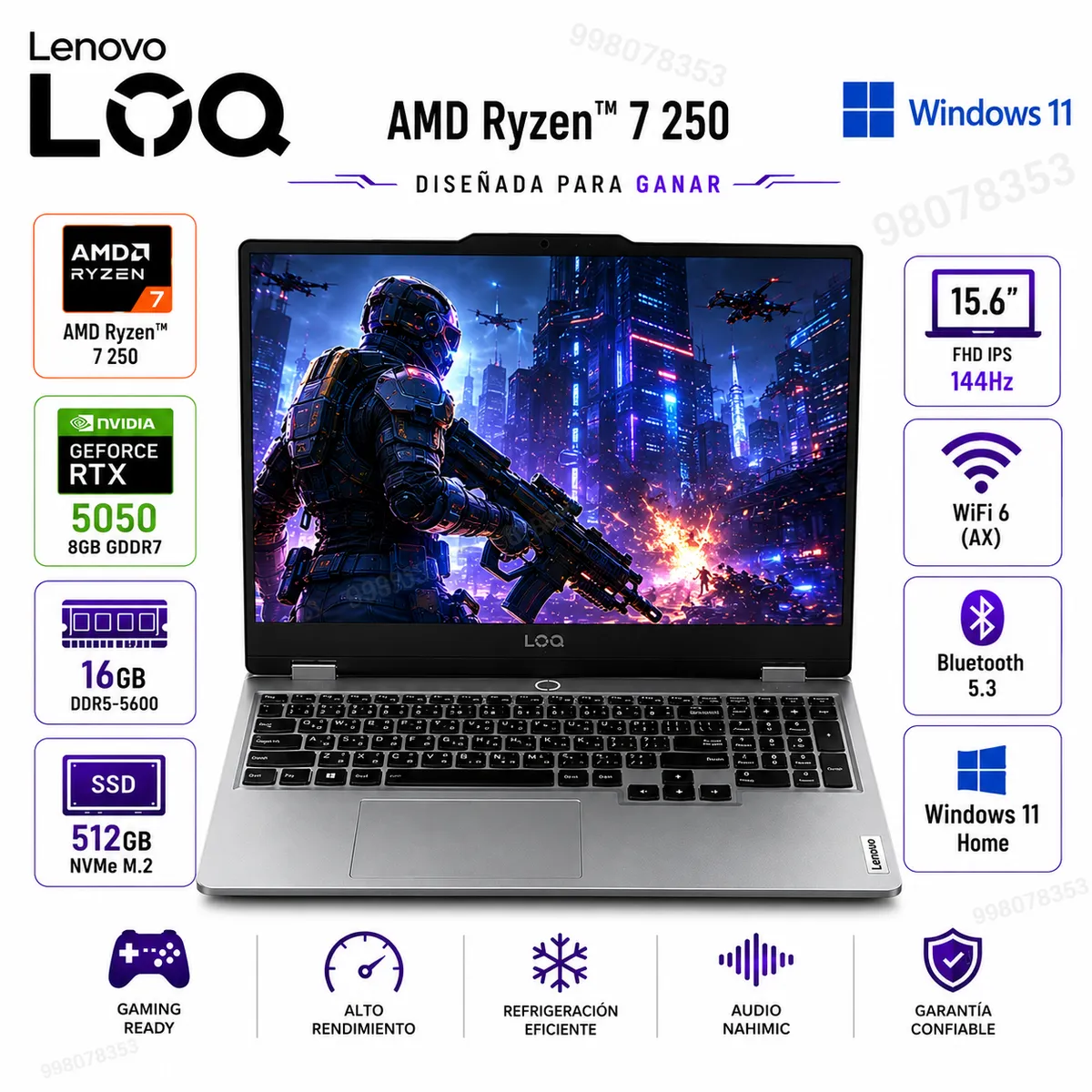 LENOVO - Laptop Lenovo LOQ 15AHP10 AMD Ryzen 7 250 16GB DDR5 512GB SSD RTX 5050 8GB 15.6″ FHD 144Hz - 83JG00B1LM