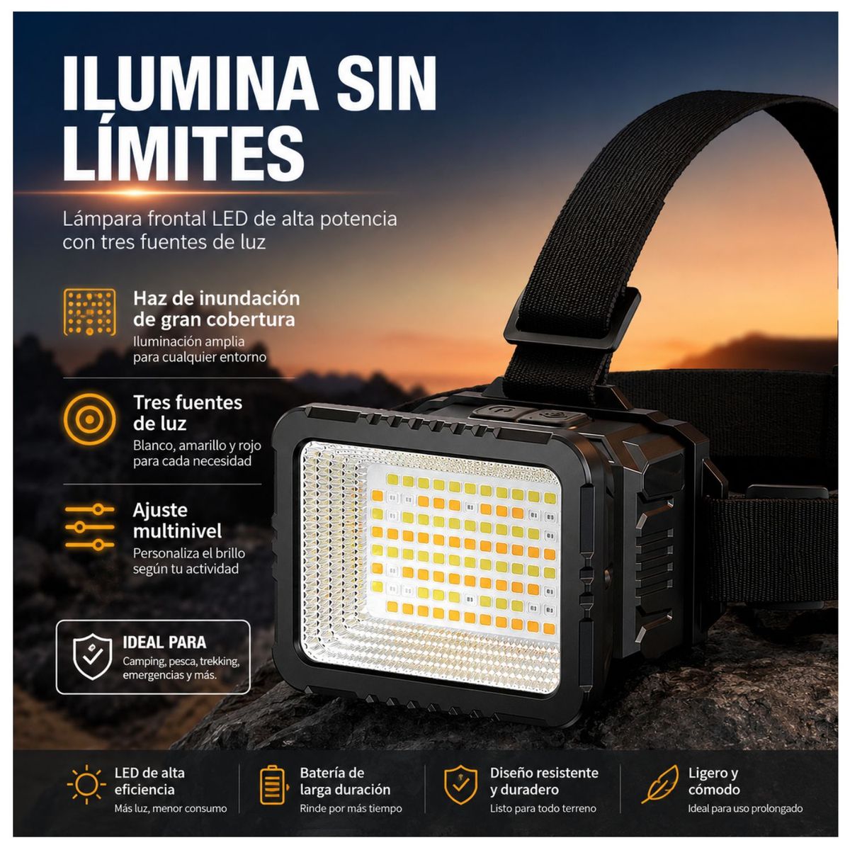 OEM - Linterna Minera Recargable 700LM Con Sensor Movimiento Luz Blanca Amarilla Roja USB C