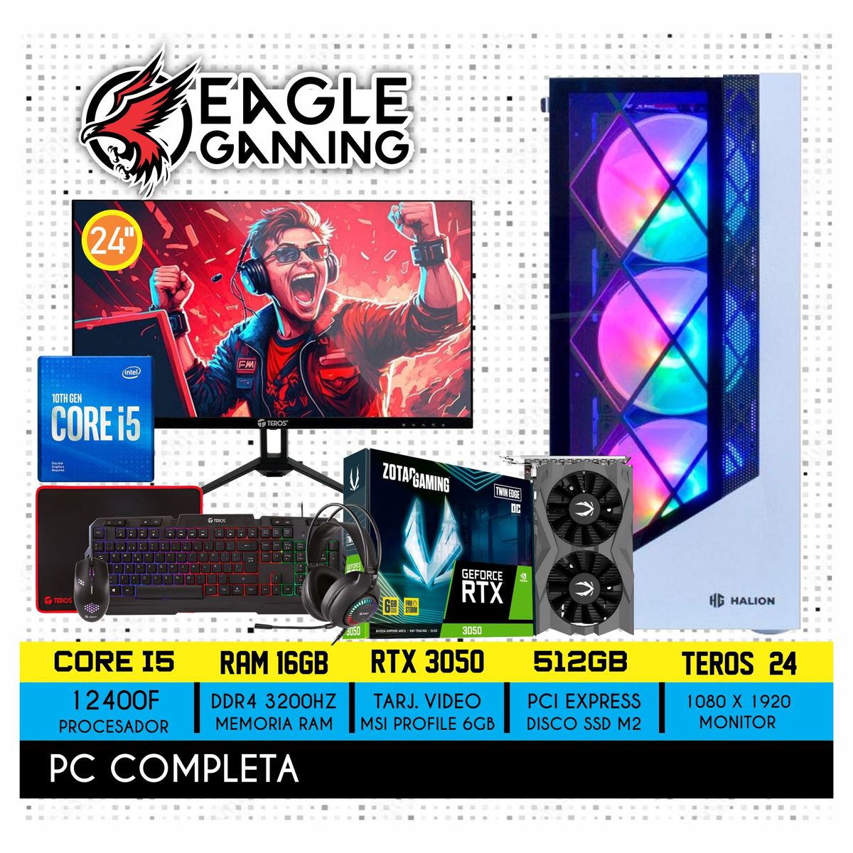 NVIDIA - COMPUTADORA PC GAMER INTEL CORE I5 12400F 16GB 500GB RTX 3050 6GB MONITOR 24 FHD.