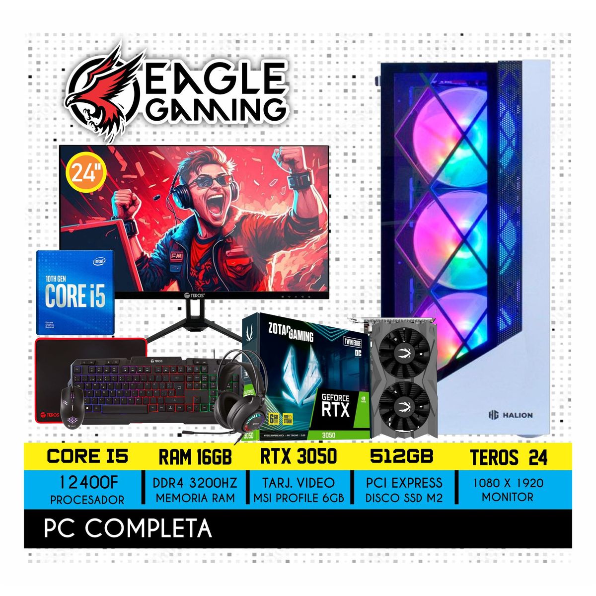 NVIDIA - COMPUTADORA PC GAMER INTEL CORE I5 12400F 16GB 500GB RTX 3050 6GB MONITOR 24 FHD.