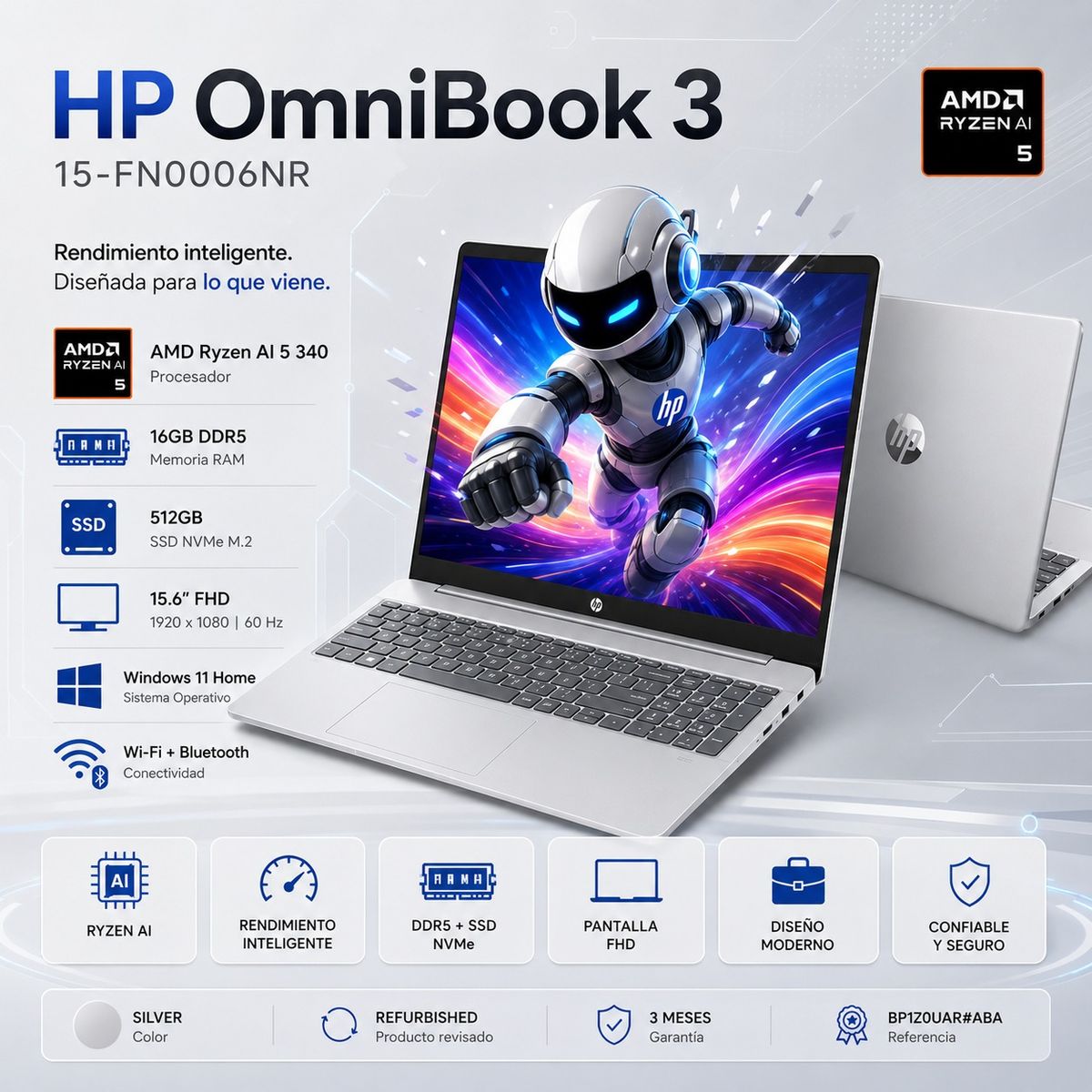 HP - Laptop HP OmniBook 3 15-FN0006NR 15.6″ FHD Ryzen AI 5 340 16GB DDR5 512GB SSD