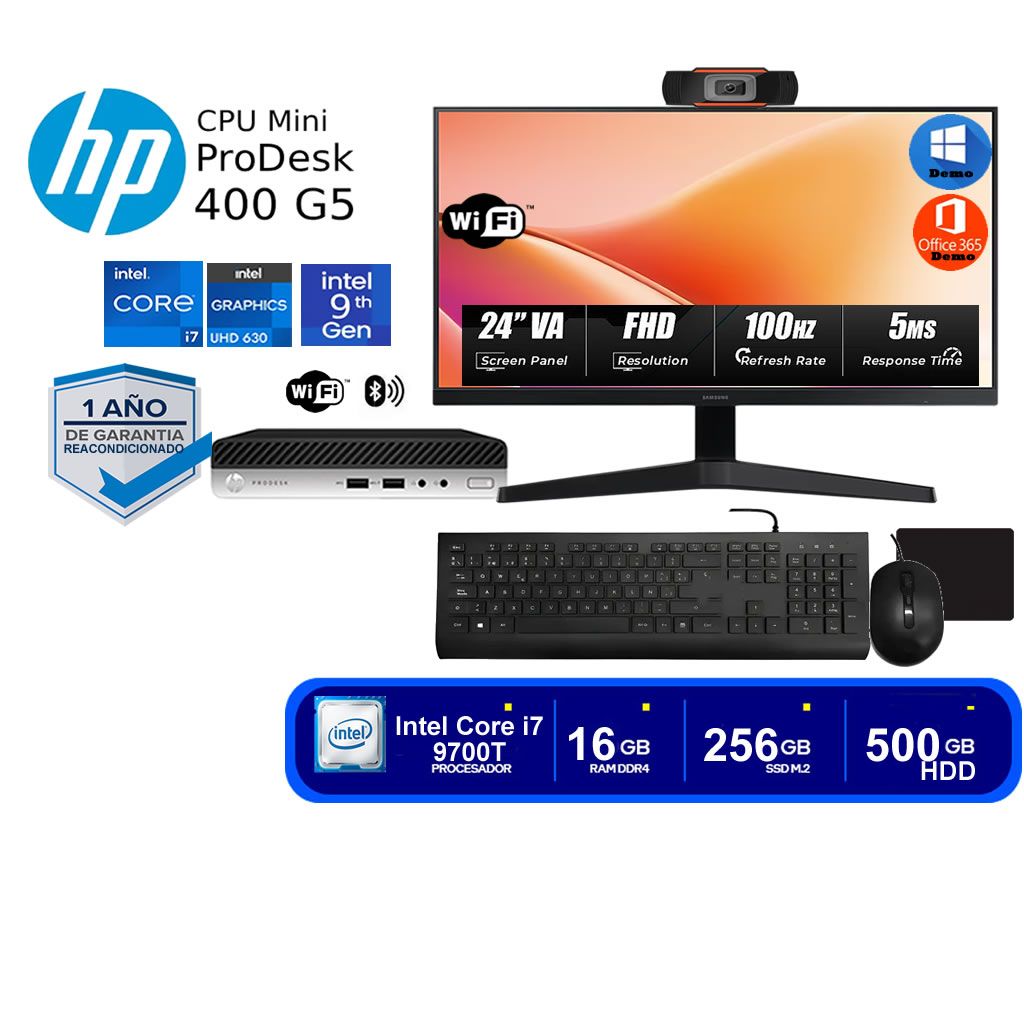 ProDesk Mini 400 G5 I7 9na 16GB RAM 256GB SSD + 500GB HDD + Monitor Led 24"