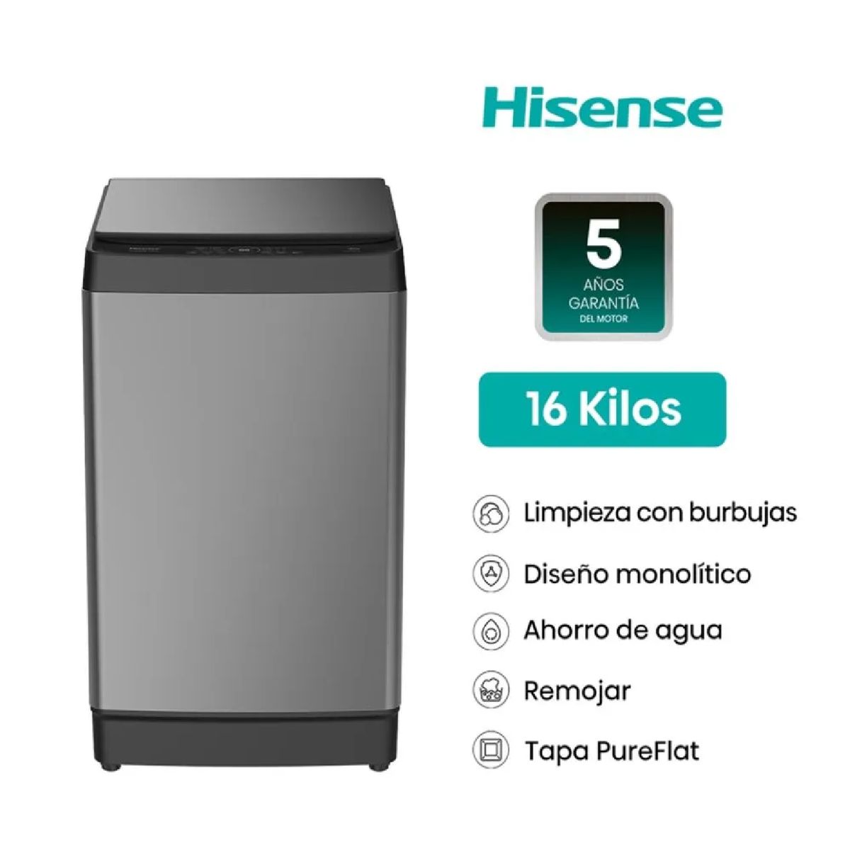 Hisense - Lavadora Hisense Carga Superior 16 Kg WT3K1623UT Silver