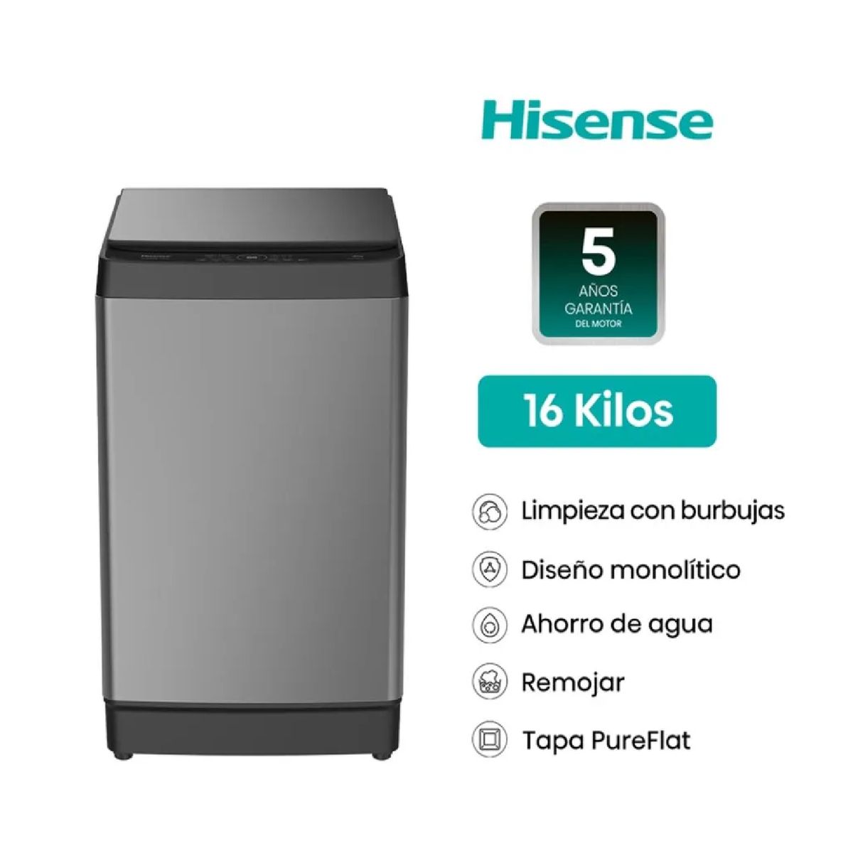 Hisense - Lavadora Hisense Carga Superior 16 Kg WT3K1623UT Silver