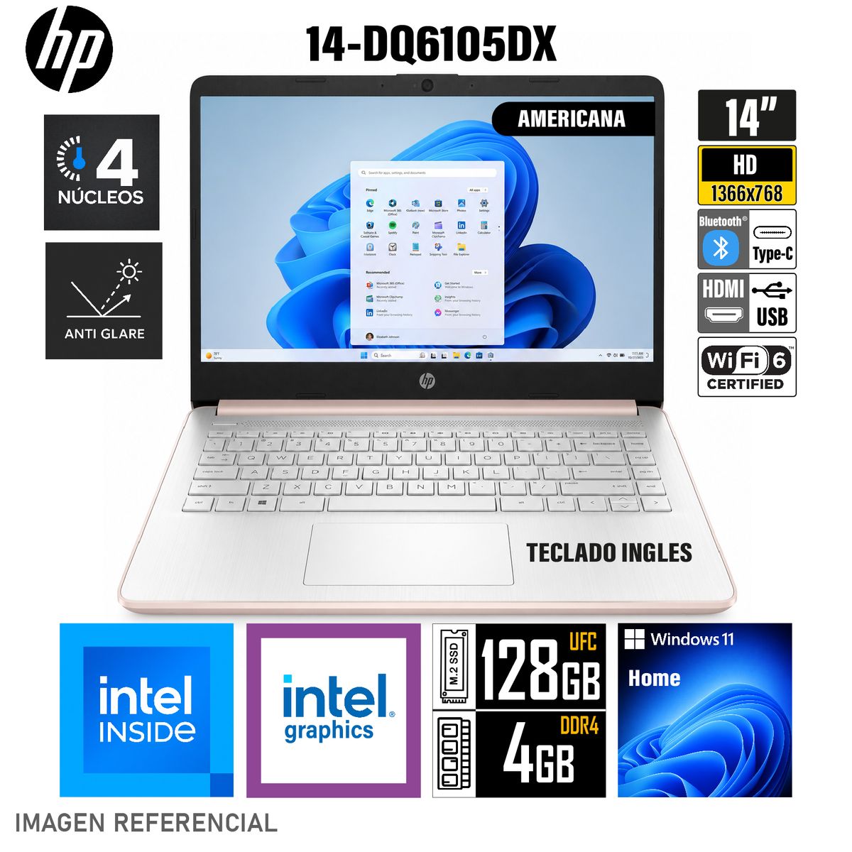 HP - Laptop HP 14-DQ6105DX Pantalla 14 HD Intel N150  RAM 4GB  128GB  WIN11 HOME