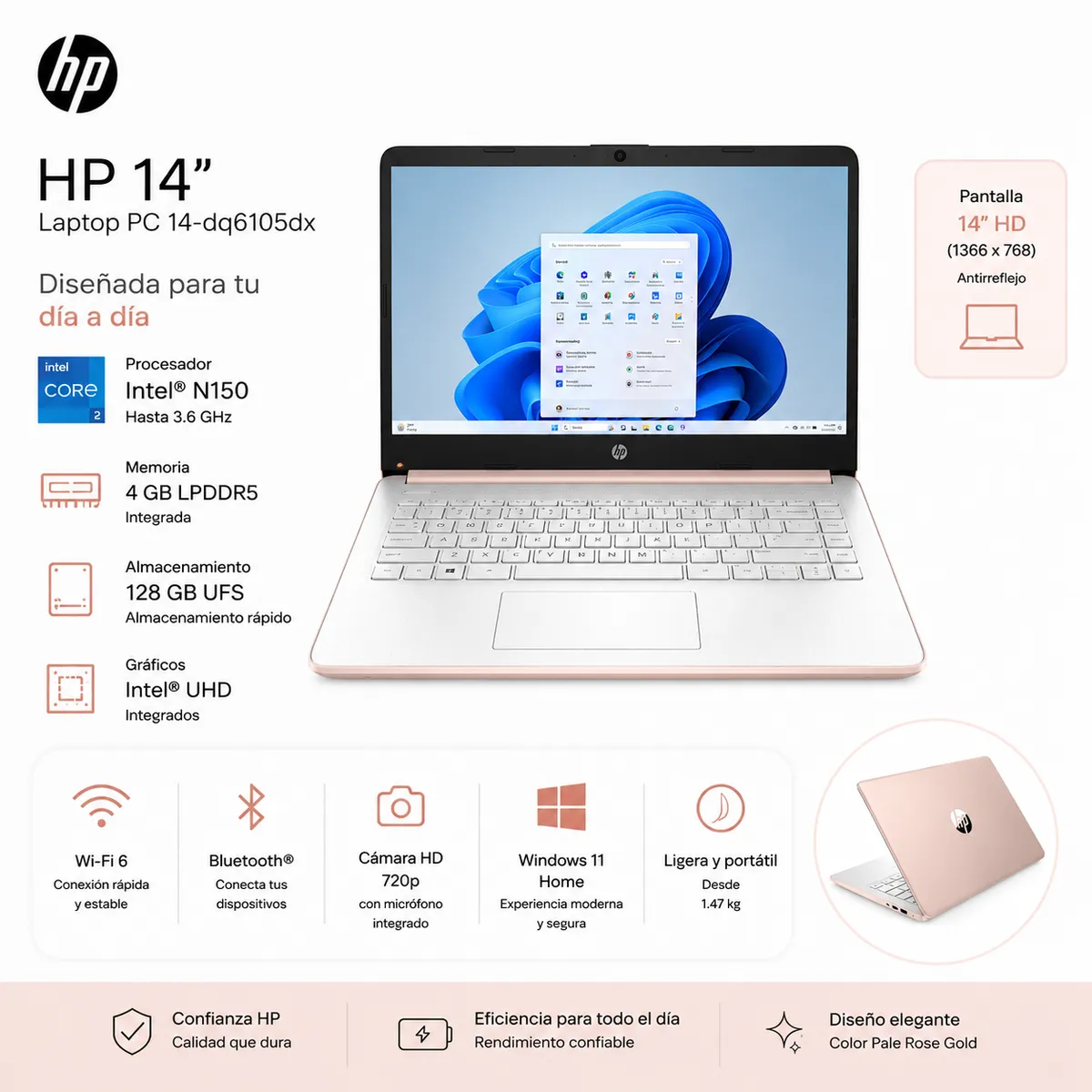 HP - Laptop HP 14-DQ6105DX Pantalla 14 HD Intel N150  RAM 4GB  128GB  WIN11 HOME