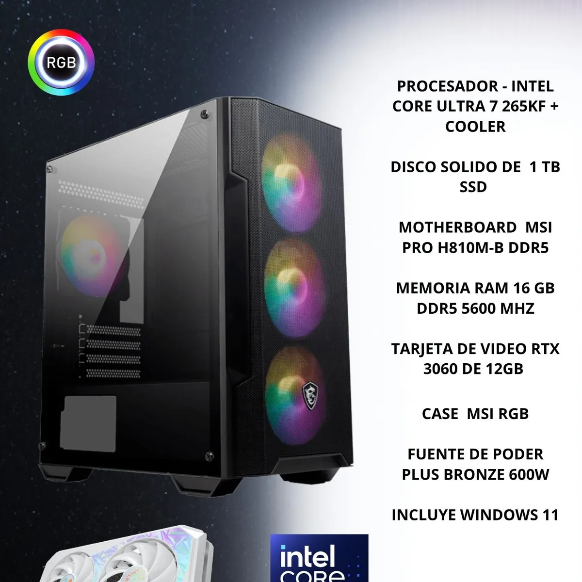 Msi - PC GAMER INTEL  ULTRA 7 265KF, RAM 16 GB DDR5, 1 TB SSD, RTX 3060 DE 12GB.