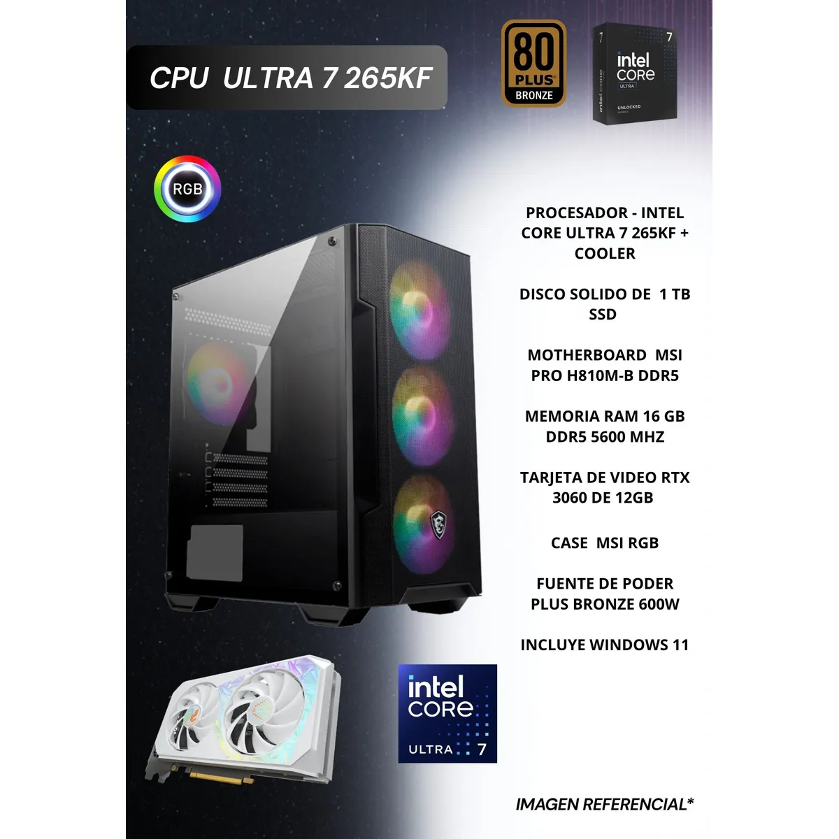 Msi - PC GAMER INTEL  ULTRA 7 265KF, RAM 16 GB DDR5, 1 TB SSD, RTX 3060 DE 12GB.