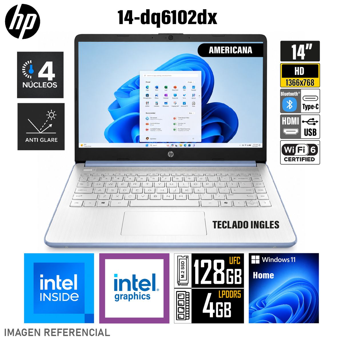 HP - Laptop HP 14-DQ6102DX Pantalla 14 HD Intel N150  RAM 4GB  128GB  WIN11 HOME