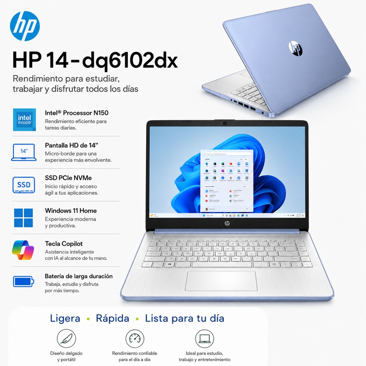 HP - Laptop HP 14-DQ6102DX Pantalla 14 HD Intel N150  RAM 4GB  128GB  WIN11 HOME