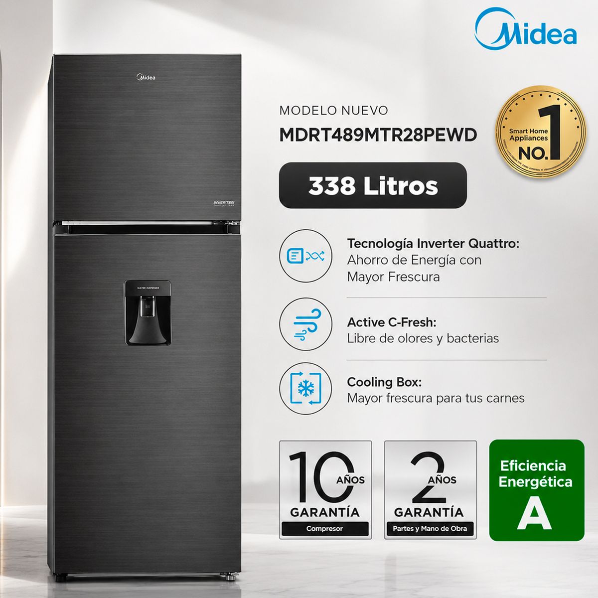 Midea - MDRT489MTR28PEWD - Refrigeradora 338L 2 Puertas C/Dispensador NEGRO Midea