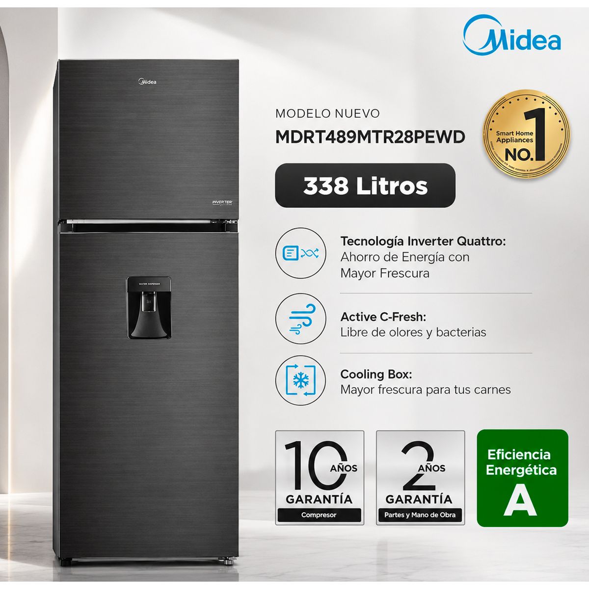 Midea - MDRT489MTR28PEWD - Refrigeradora 338L 2 Puertas C/Dispensador NEGRO Midea