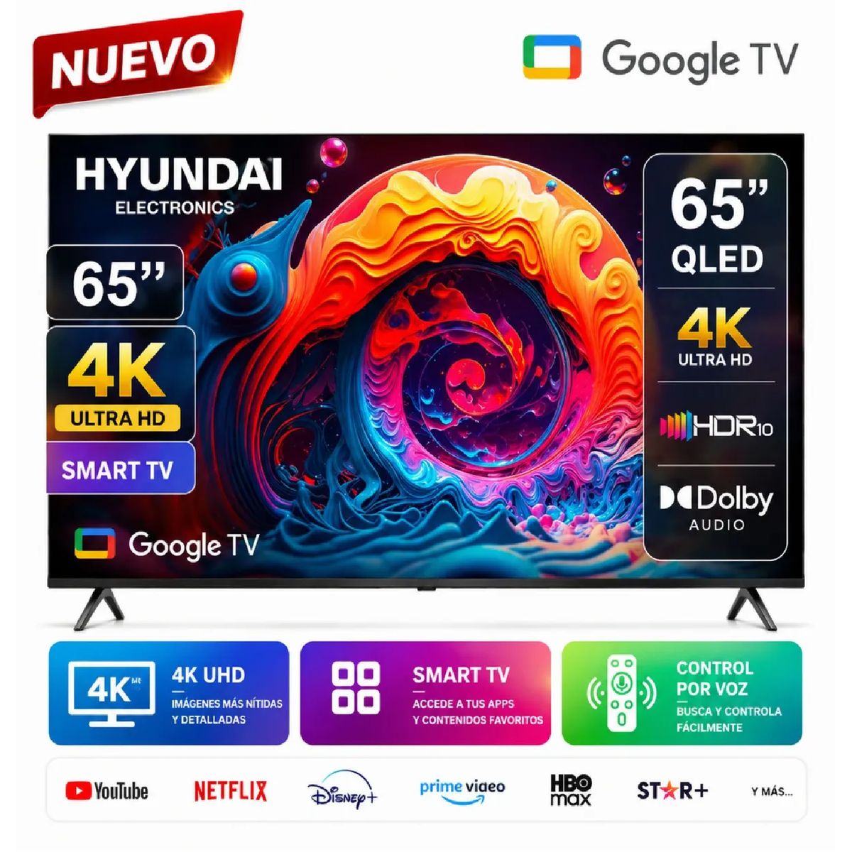 HYUNDAI - Televisor Hyundai HYLED6513QG QLED 65 Smart TV 4K UHD con Google TV