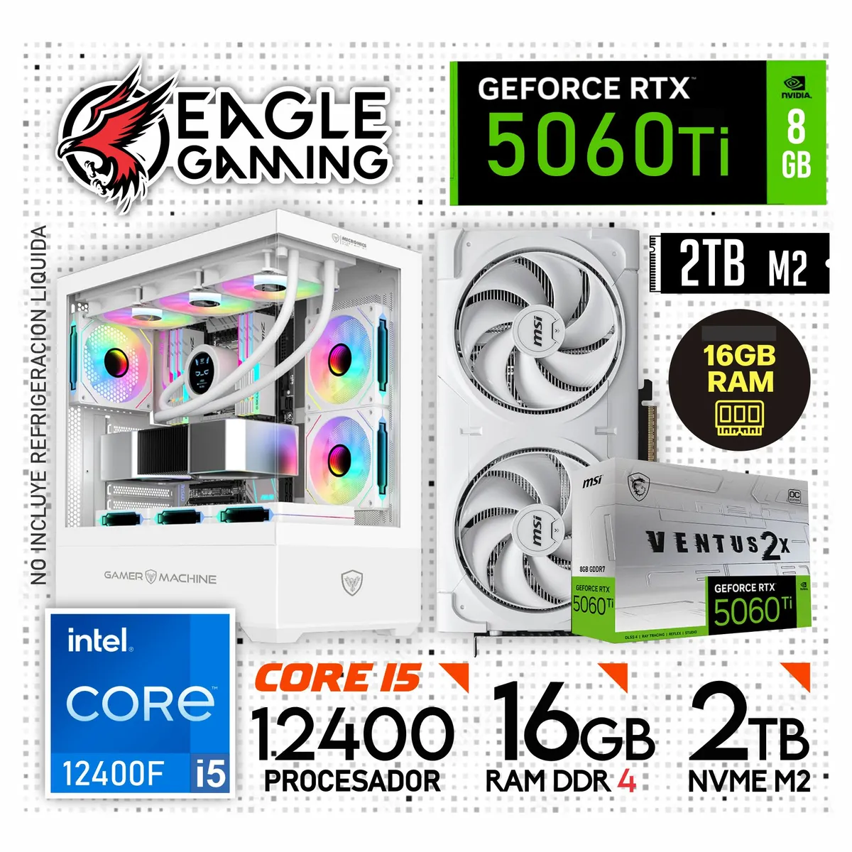 NVIDIA - Computadora PC Gamer INTEL CORE I5 12400F + RTX 5060TI 8GB + RAM 16GB + SSD 2TB.