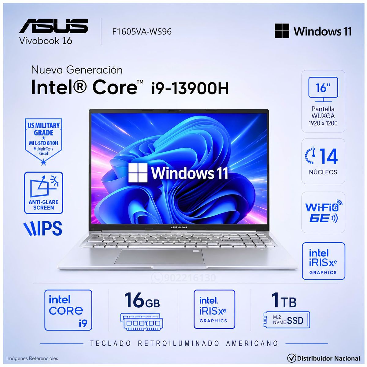 ASUS - Laptop Notebook ASUS VIVOBOOK F1605VA-WS96 16 WUXGA Intel® Core™ i9-13900H 16GB RAM 1TB SSD RAM - COOL SILVER.