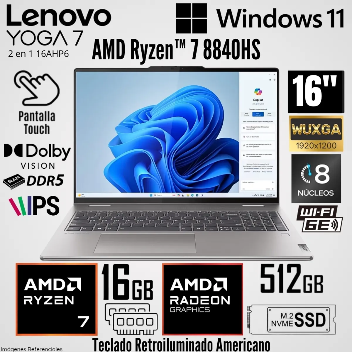 LENOVO - Laptop Lenovo Yoga 7 2 en 1 16AHP6 AMD Ryzen 7 8840HS 16GB RAM 512GB SSD 16"  WUXGA Táctil