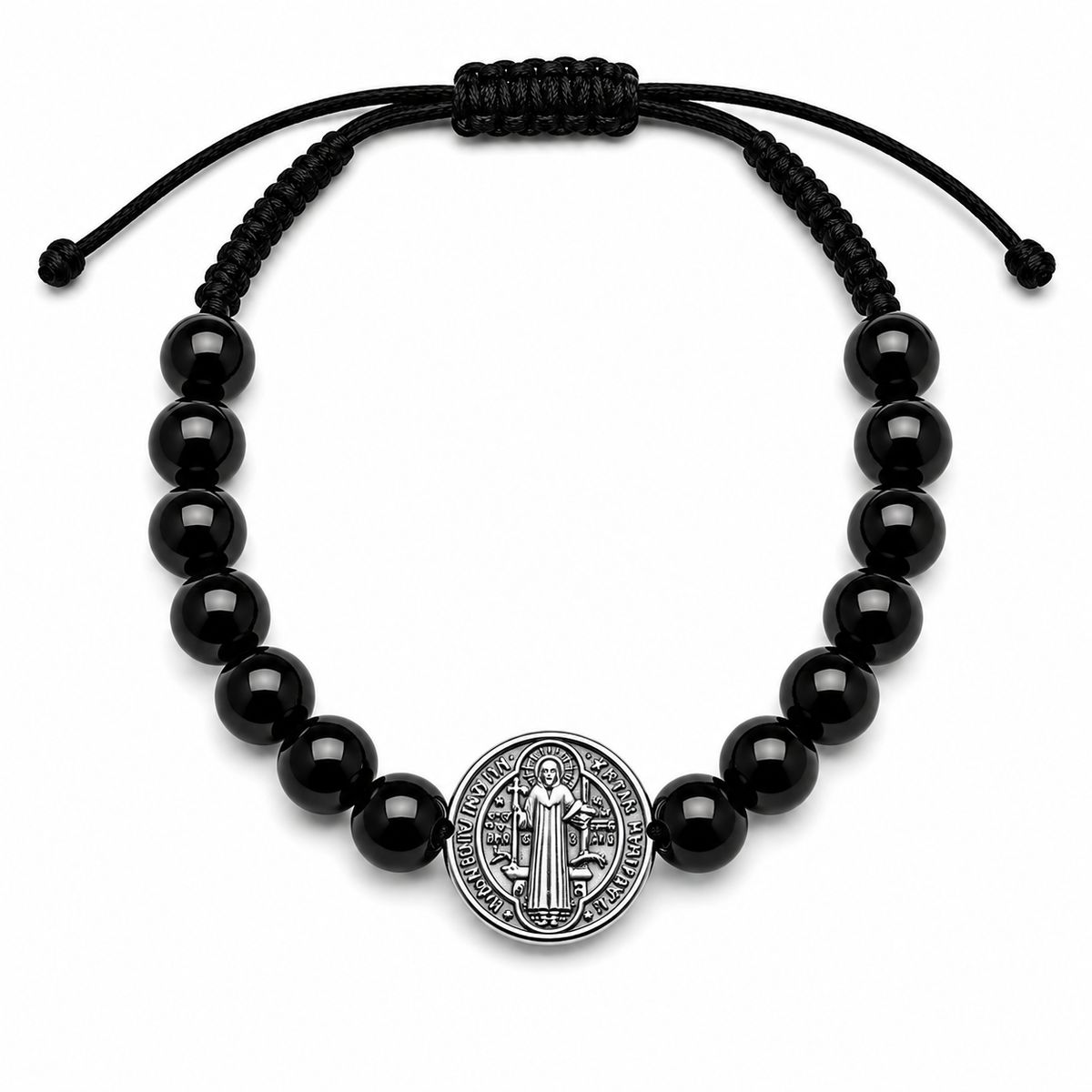 GENERICO - Pulsera San Benito Ajustable Hombre Mujer Piedra Negra 8mm Acero Inoxidable