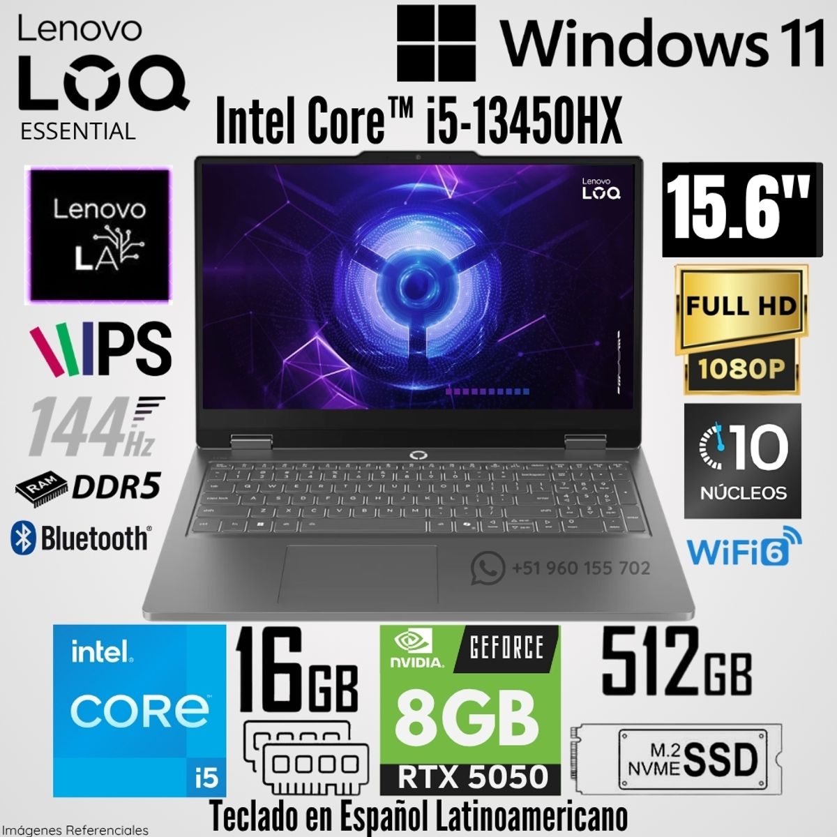 LENOVO - Laptop Lenovo LOQ Essential 15IRX11 Intel Core i5-13450HX 16GB RAM 512GB SSD RTX 5050-8GB 15.6"  FHD