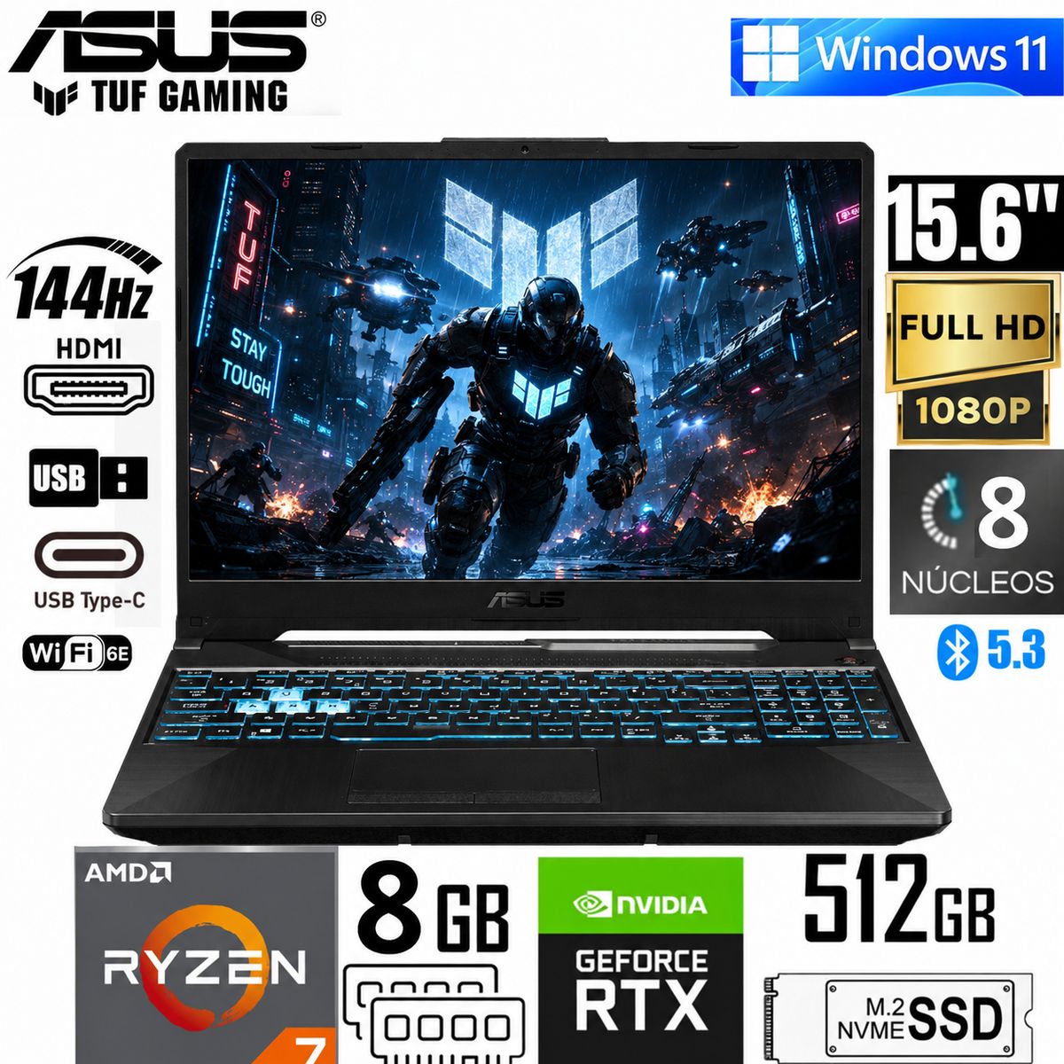 ASUS - Laptop Asus Tuf Gaming A15 AMD Ryzen 7 170 RTX 3050 8Gb RAM 512 SSD FA506NCQ-HN012W 15.6