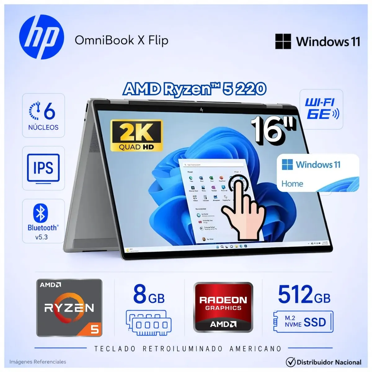 HP - Laptop 2 en 1 HP OMNIBOOK X FLIP 16" 2K TÁCTIL AMD Ryzen™ 5 220 8GB RAM 512GB SSD 16-BE0003DX ( B73U4UAR )