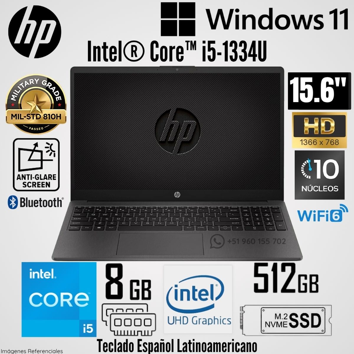 HP - Laptop HP 250 G10 Intel Core i5-1334U 8GB RAM 512GB SSD 15.6"  HD Gris Oscuro - B5UU9AT